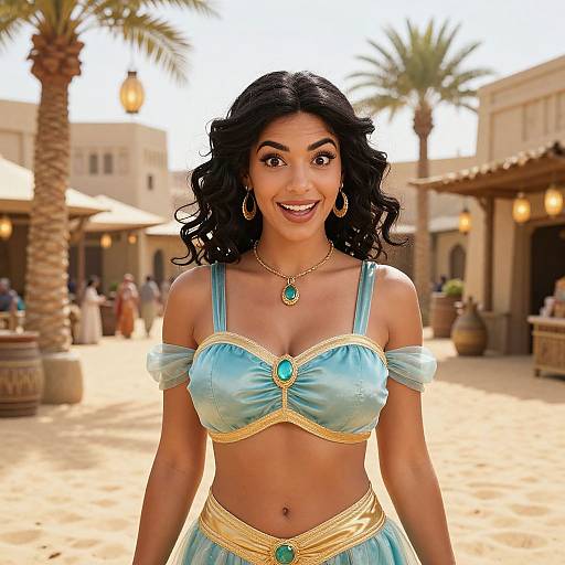 Digital illustration of a smiling dark-haired woman in a turquoise and gold Aladdin-inspired harem outfit, standing in a sunlit, palm-tree-lined marketplace