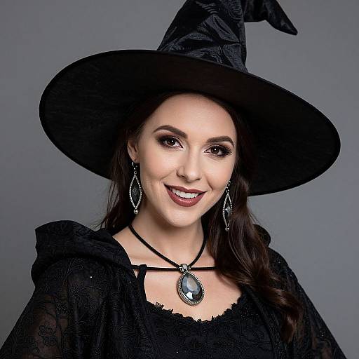 Photograph of a smiling woman with fair skin, dark brown hair, wearing a black witch hat, black lace dress, and silver earrings with an oval
