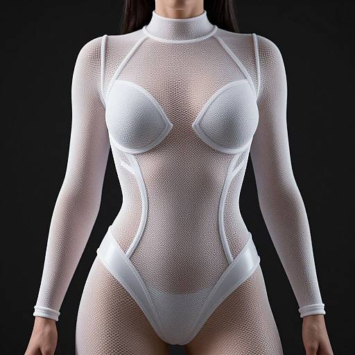 Photograph of a woman in a white, long-sleeve, mesh bodysuit with a high neckline, revealing her breasts and curves, standing