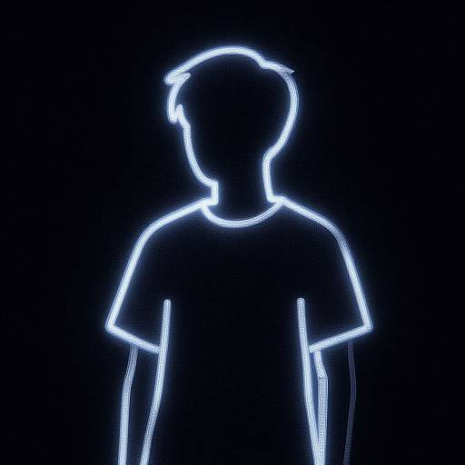 Neon blue outline of a silhouette against a black background, depicting a person with short hair and a t-shirt.
