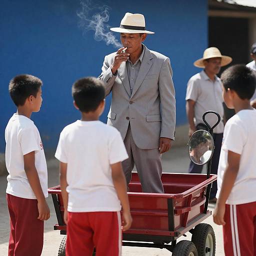 Stylish Man in Red Wagon with Children