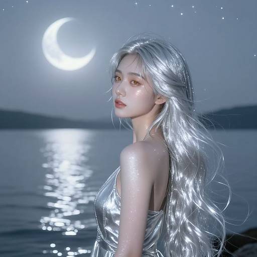 Digital artwork of a silver-haired, ethereal woman in a shimmering dress, standing by a moonlit lake with a glowing crescent moon.