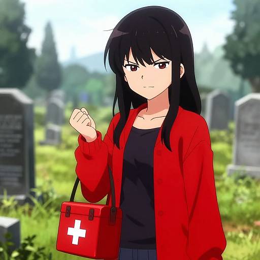 Anime Girl with First Aid Kit in Cemetery
