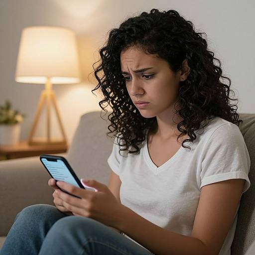 Photograph of a curly-haired woman in a white t-shirt, sitting on a gray couch, focused on her smartphone, with a lit lamp in the