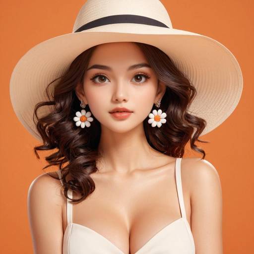 Young woman in wide-brimmed hat and floral earrings