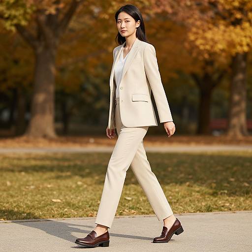 Photograph of an Asian woman with long black hair, wearing a cream suit and brown loafers, walking outdoors in autumn.