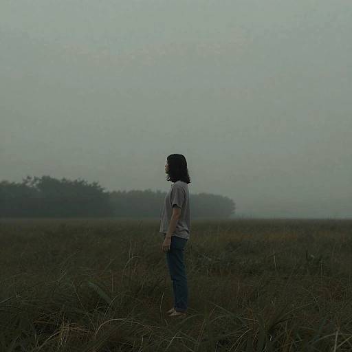 Photograph of a solitary figure with long dark hair, wearing a grey shirt and blue jeans, standing in a foggy field at dusk, facing left
