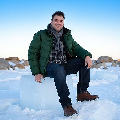 Man in Green Jacket on Ice Blocks
