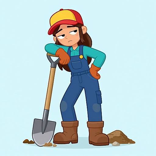 Cartoon female worker with brown hair, red-yellow cap, blue overalls, orange gloves, and brown boots, leaning on shovel, looking tired,