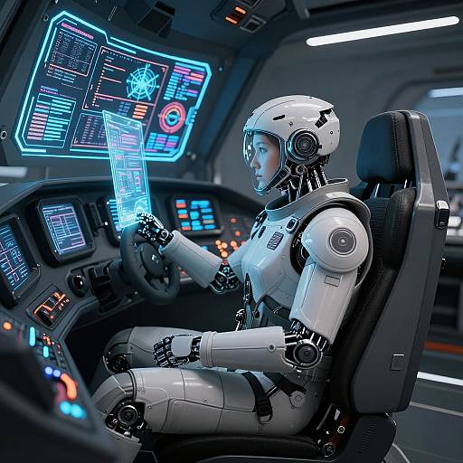 Photorealistic CGI of a white female humanoid robot with a helmet, seated in a futuristic cockpit, interacting with glowing blue holographic screens.
