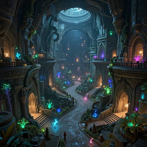 Digital artwork of a glowing, futuristic cathedral with colorful bioluminescent plants, ornate arches, and a winding illuminated pathway under a circular dome