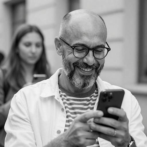 Joyful Bearded Man Holding Smartphone