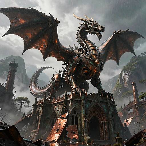Ancient Rusted Mechanical Dragon on Gothic Cathedral
