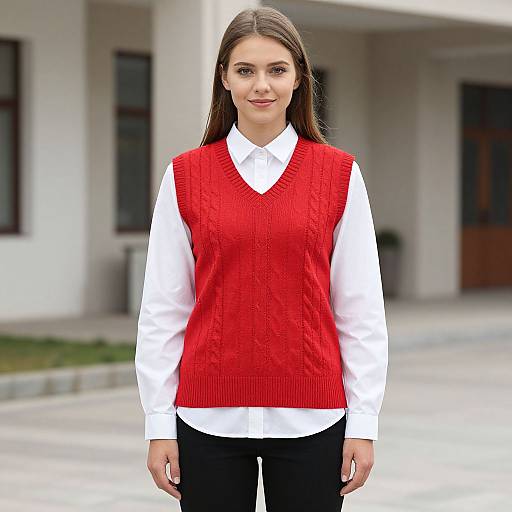 Photograph of a young woman with long brown hair, wearing a white shirt, red knitted sleeveless vest, and black pants, standing outside a