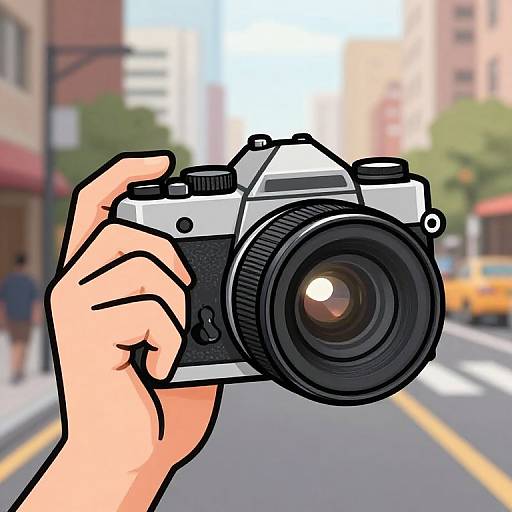 Digital illustration of a hand holding a vintage camera against a blurred city street background with buildings and a yellow taxi.