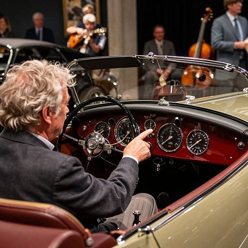 Photograph of an older man with gray hair, wearing a dark suit, sitting in a vintage convertible, pointing at the dashboard, with musicians playing in