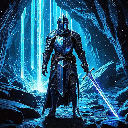 Sleek Holographic Knight in Crystalline Cavern