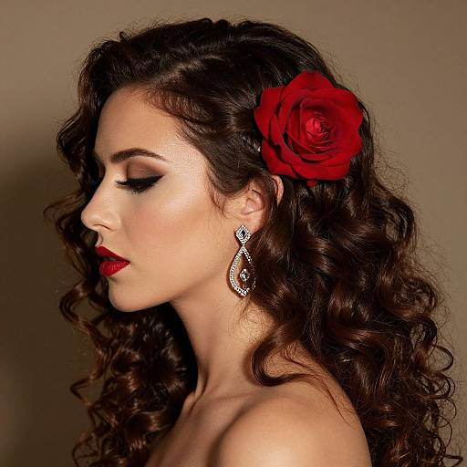 Photograph of a fair-skinned woman with curly dark brown hair, red rose in hair, dramatic red lipstick, and dangling diamond earrings, gazing