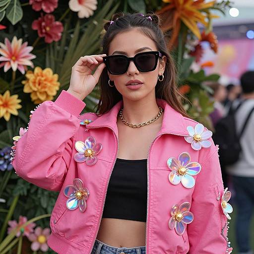 Photograph of a young woman with long brown hair, black sunglasses, gold hoop earrings, pink floral jacket, black crop top, gold necklace, standing
