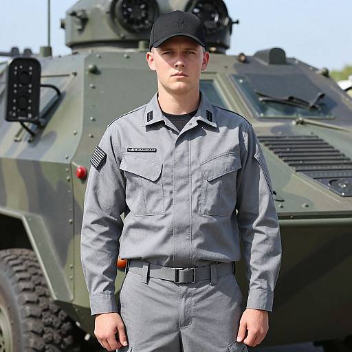 Photograph of a young male military soldier in gray uniform and black cap standing in front of a camouflaged armored vehicle.