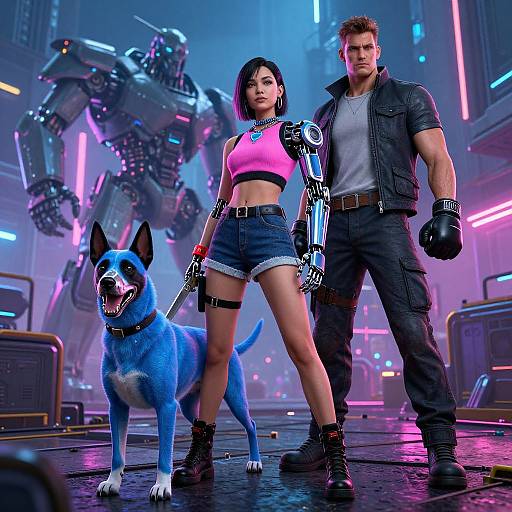 Cyberpunk scene: muscular man in black jacket, woman in pink crop top and denim shorts, blue robotic dog, futuristic city background.