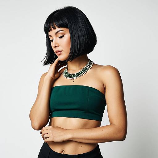 Fashionable Woman in Emerald Bandeau Top