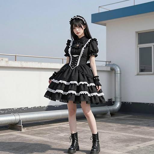 Asian Woman in Gothic Lolita Dress on Rooftop