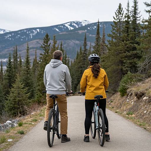 Photograph of a man in a gray hoodie and tan pants, and a woman in a yellow jacket and black pants, cycling on a mountain trail with