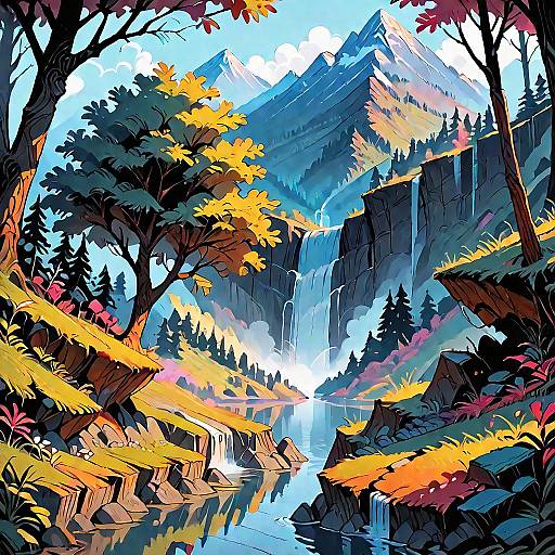 Anime Landscape with River and Mountains