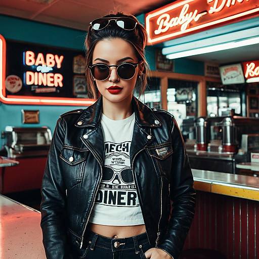 Confident Woman in Leather Jacket at Vintage Diner
