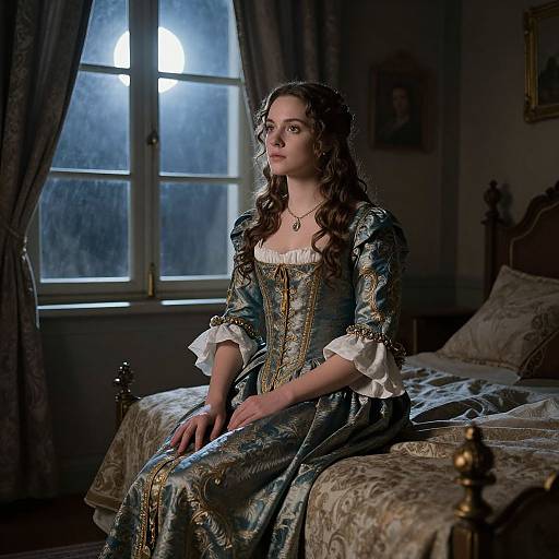 Photograph of a young woman with long, curly brown hair, wearing an ornate, blue, Renaissance-style dress, sitting on a bed in a