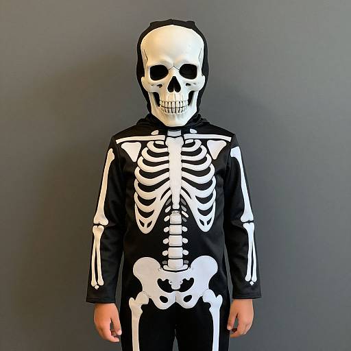 Photograph of a child wearing a white skeleton mask and black hooded outfit with white skeleton prints, standing against a gray background.