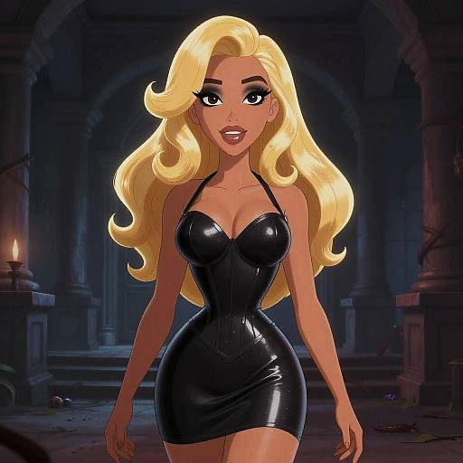 Digital illustration of a blonde woman with large eyes, wearing a tight, black, shiny latex dress, standing in a dimly lit, dark stone arch