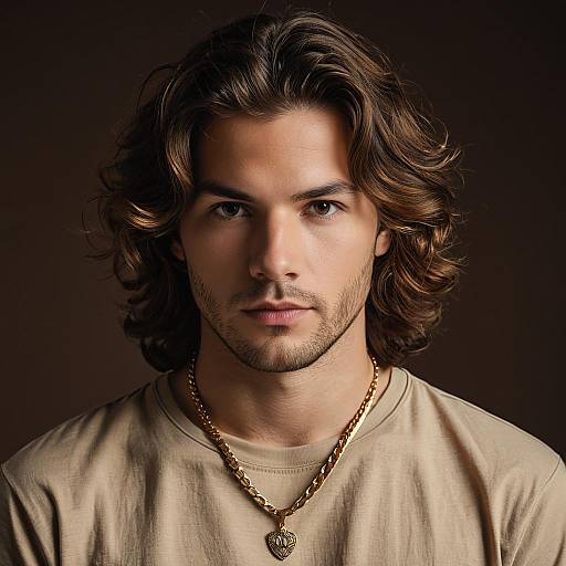 Young Man with Brown Wavy Hair and Gold Necklace