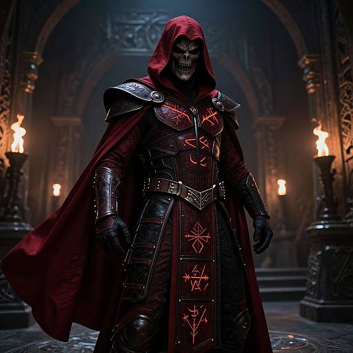 Dark, ominous figure in red hooded cloak and black armor with glowing red runes, stands in dimly lit, gothic cathedral with torches.