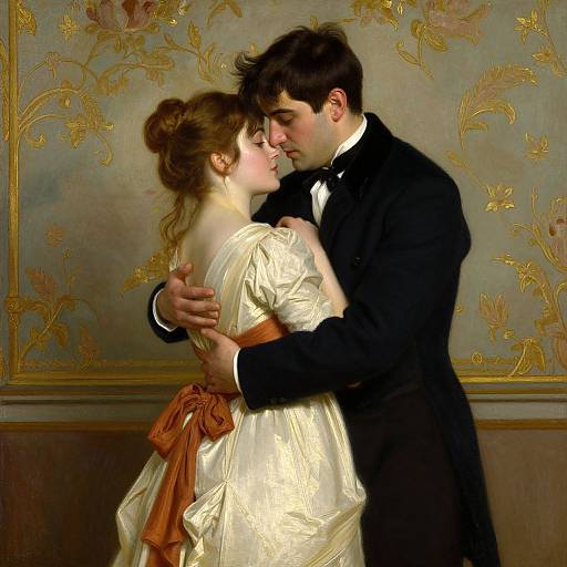 Romantic Victorian-era painting: Dark-haired man in black tuxedo embraces fair-skinned woman in white dress with orange sash, gazing into