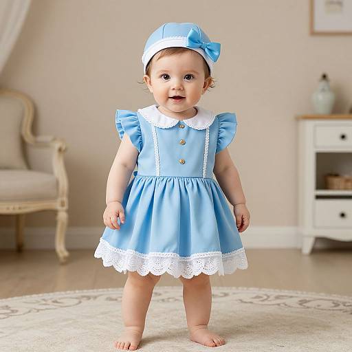 Photograph of a cute, fair-skinned baby girl in a light blue dress with white lace trim, matching bow headband, standing in a softly