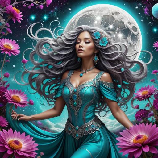 Fantasy Woman in Blue Dress with Moon Background