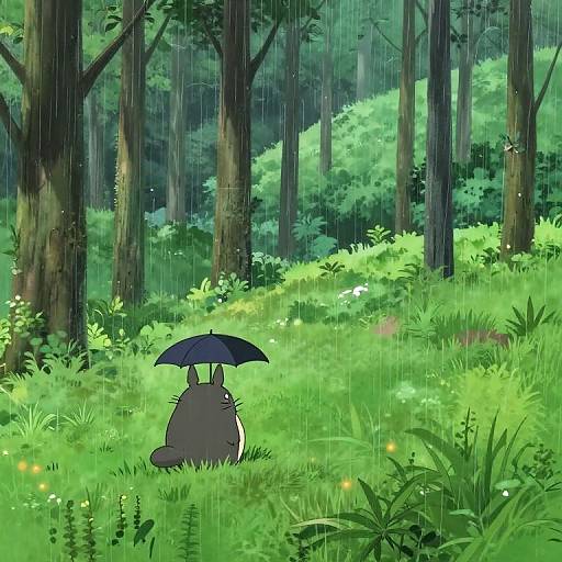 Digital anime-style illustration of a gray, cat-like creature with a black umbrella standing in a vibrant, rain-soaked forest, surrounded by lush greenery