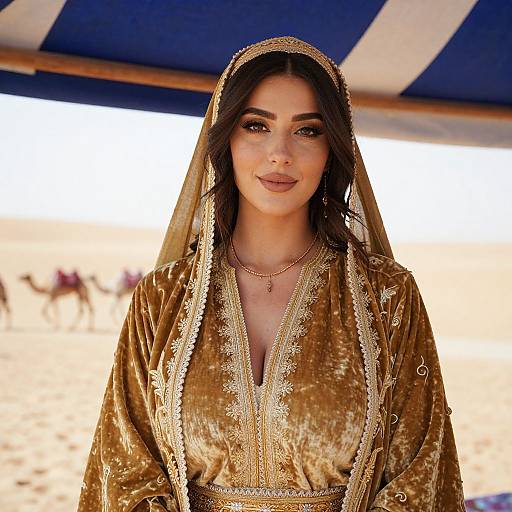 Photograph of a smiling woman with long dark hair, wearing an ornate gold velvet hijab and dress, standing under a blue-striped canopy on a