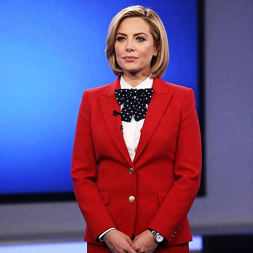 Blonde Woman in Red Suit with Polka Dot Bow Tie