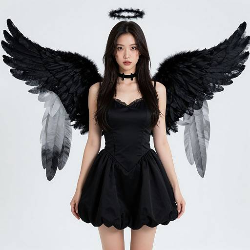Digital artwork of an Asian woman with long black hair, black halo, black dress, and large black wings with gray tips.