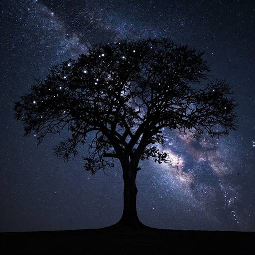 Silhouetted tree against a starry night sky with the Milky Way visible. The tree's intricate branches contrast with the celestial backdrop. Digital artwork