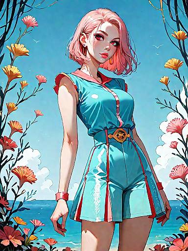 Girl in Iridescent Rash Guard Outfit on Beach