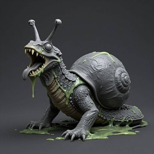 CGI monster: a grotesque, scaly, black slug-like creature with antennae, green slime dripping from its mouth and shell, sharp teeth