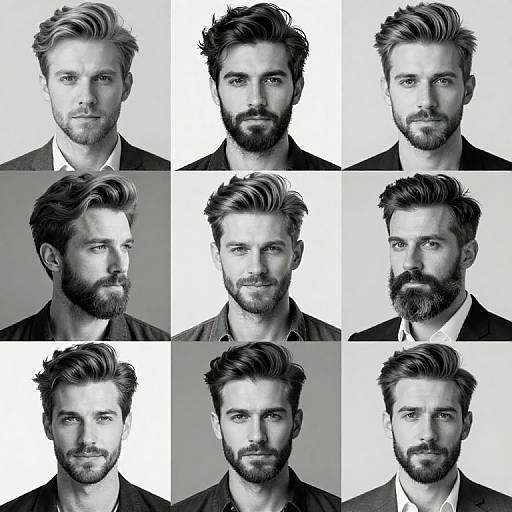 Black-and-white photograph collage of nine bearded men with varying hairstyles, all wearing dark jackets, against white backgrounds.