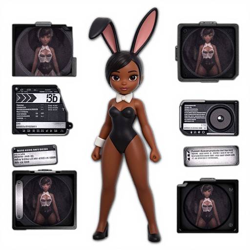 Digital illustration: Dark-skinned anime girl in black bunny suit with pink ears, white bowtie, and black heels, surrounded by six camera screen shots