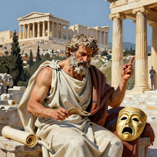 Digital painting of an elderly, bearded Greek philosopher with a muscular build, wearing a white toga, pointing, and holding a scroll and a dramatic