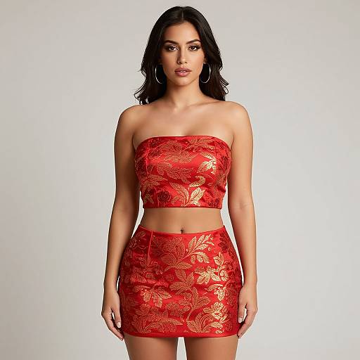 Photograph of a confident woman with dark, wavy hair wearing a red, lace-embellished strapless crop top and matching mini skirt,