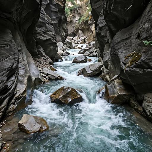 Photograph of a narrow, rocky canyon with turbulent, white-water stream flowing between dark, jagged cliffs, sunlight filtering from above.